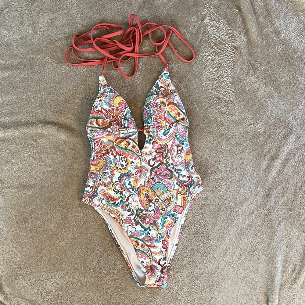 Girls Multicolor Paisley One-Piece Swimsuit with Coral Ties